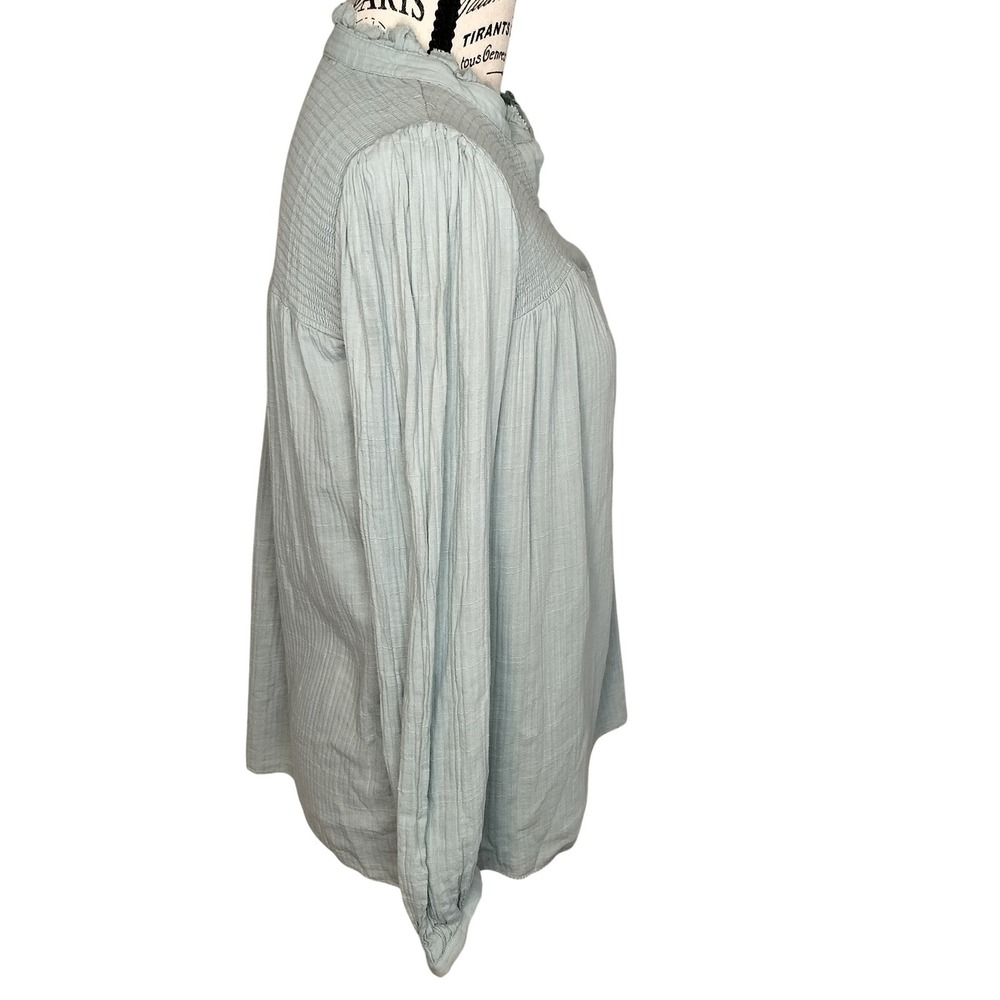 J. Crew Smocked Ruffle Neck Long Sleeve Blouse Green 1/2 Button Up Cotton XS - Picture 2 of 6
